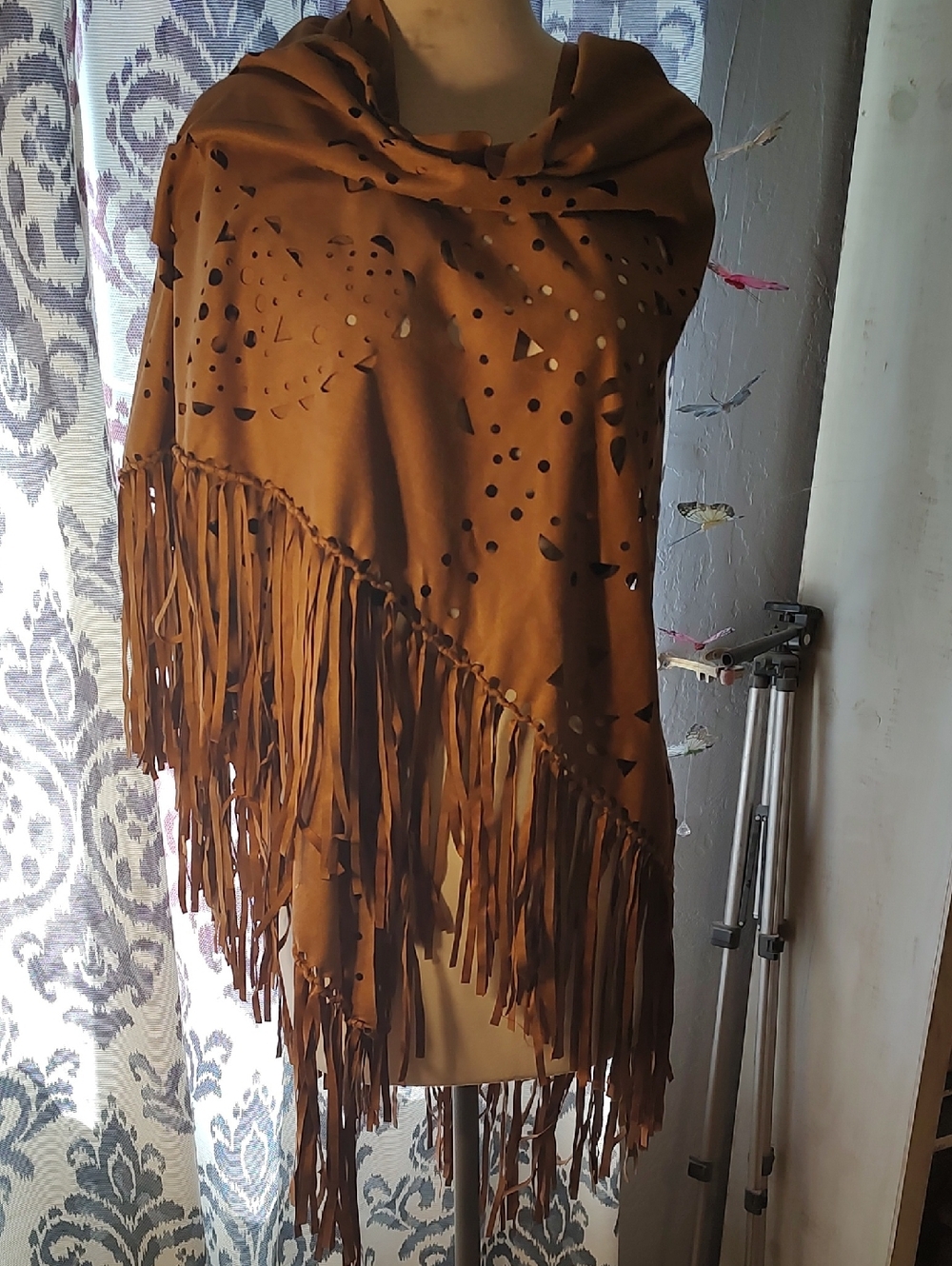 Boho Fringe Cutout Shawl Wrap in Brown